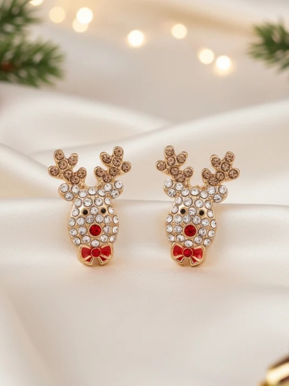 Gold Reindeer Crystal Stud Earrings with Red Accents